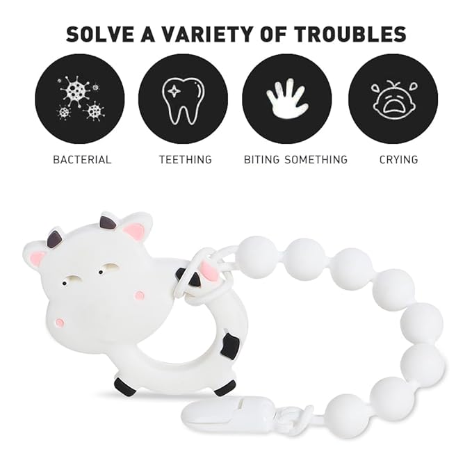 Baby Teething Toys,Food Grade Silicone Teether with One-Piece Pacifier Clip Holder,Shower Gift,Highly Effective Pain Relief for 3 Months+ Boy and Girl,BPA Free,Freezer Safe. (White Cow)