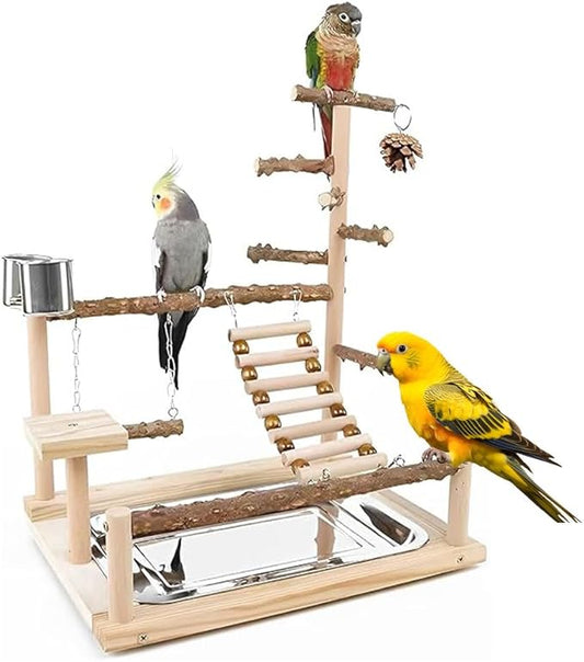 Bird Playground Parrot Playstand, Parrot Stand,Bird Wood Tall Standing Block,Game Table with Feeder… (G-500)