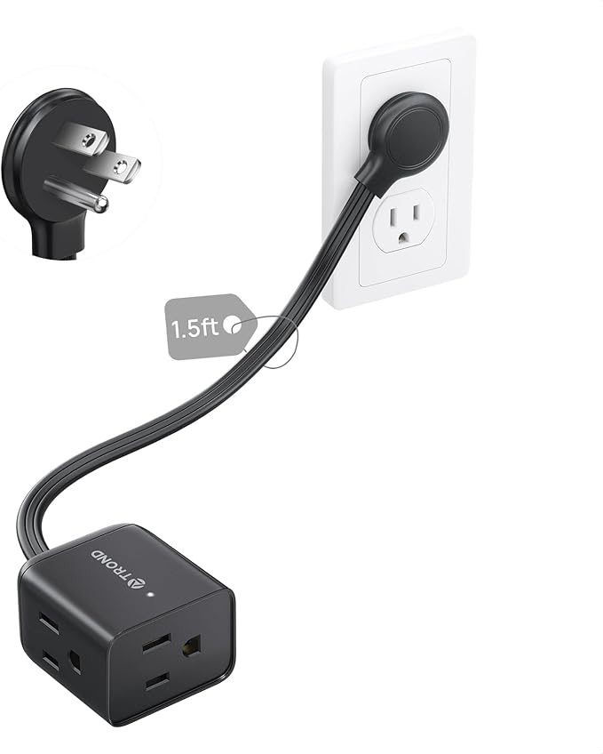 TROND Short Flat Extension Cord 1.5ft - Left Angled Flat Plug Power Strip, 3 Grounded Plug Extension Outlets, Three Prong, 16 Gauge Wire, 13 Amps, Small for Indoor Home Office Cruise Travel, Black