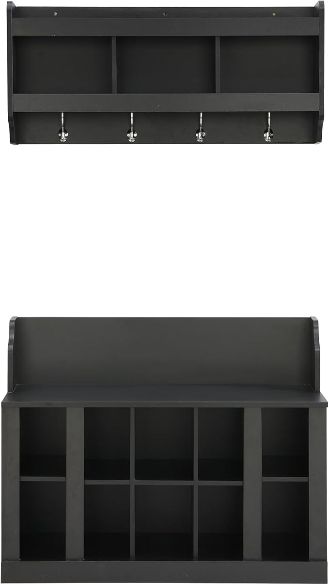 AMNOOL Modern Hall Tree with Shelves and 4 Hooks with Wall Mounted Coat Rack Shoe Storage Bench with Ten Storage Compartments Adjustable Shelves for Hallway, Foyer, Mud Room (Black)