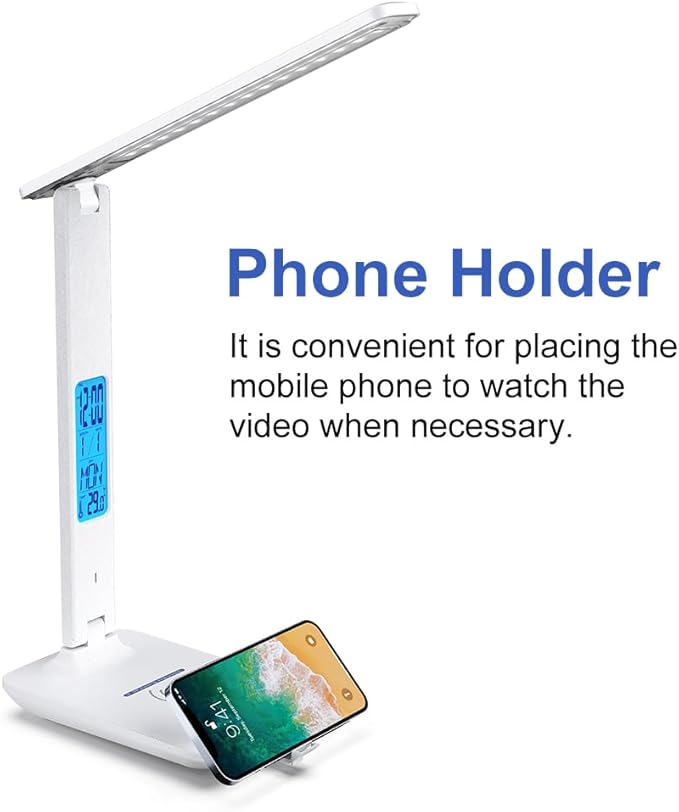 Multifunctional LED Desk Lamp with Wireless Charger,USB Charging Port,Clock,Phone Holder,Desk Lamps for Home Office,Eye-Caring Reading Lamp,Study Lamp for Boys,Girls,Teens,White