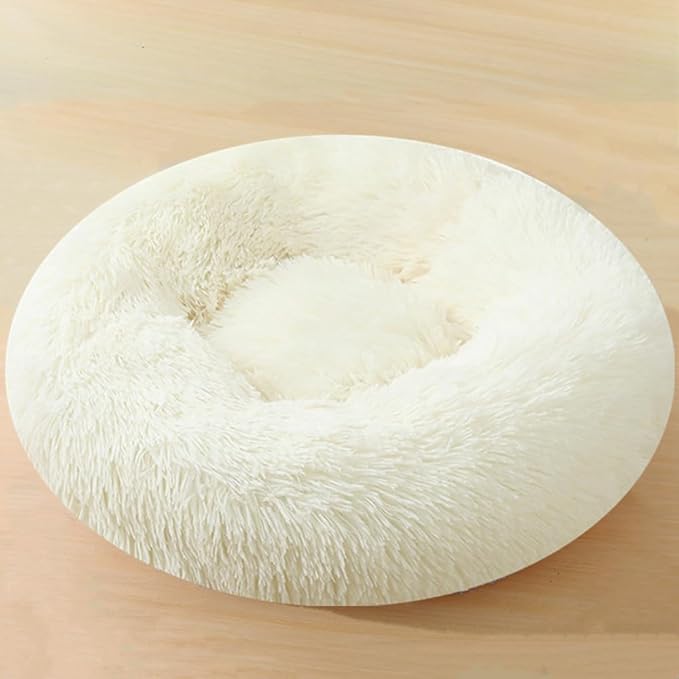 Calming Dog & Cat Bed, 24 Inch Anti-Anxiety Donut Cuddler Cat Bed with Anti-Slip Bottom, Washable Round Fluffy Pet Bed for Small Medium Dogs and Cats (White)