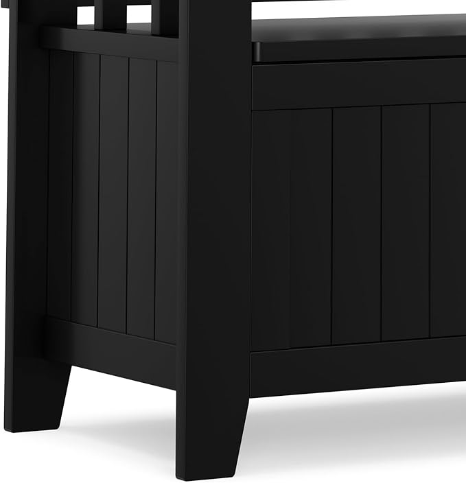 SIMPLIHOME Acadian Entryway Storage Bench - 36 inch Wide Solid Wood Small Hallway Seat in Black, Transitional Bench for Mudroom or Entryway with Lift-Up Lid, 2 Compartments and Slatted Backrest