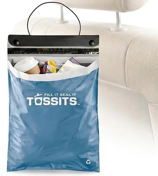 Tossits Hanging Car Trash & Garbage Bags, Disposable, Blue 21 Count | 2 gal, 12 x 15 in, fits over headrest or console, recycled plastic, leakproof, seals odors, everyday light waste