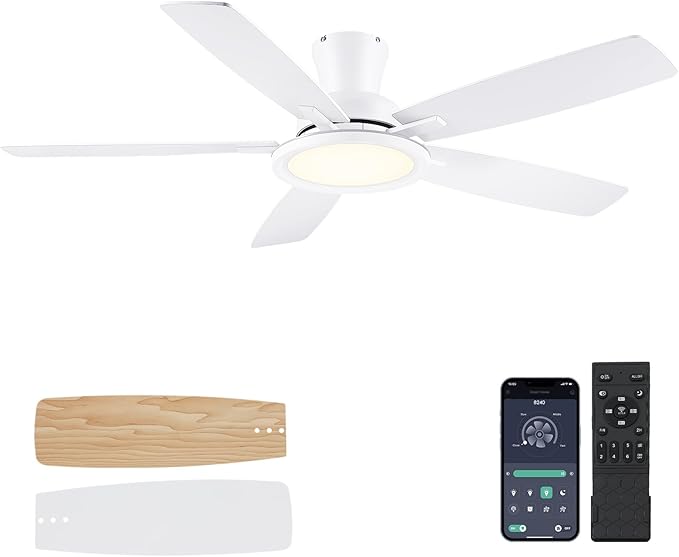 52In Flush Mount Ceiling Fans with Lights - White Low ProfileCeiling Fan with Remote/APP, Reversible, 3CCT Dimmable, Modern Fan Light for Indoor Living Room, Outdoor Covered Patios