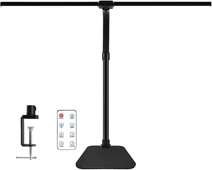 LED Desk Lamp with Clamp and Base, Dual Head Monitor Light | 24W Dimmable Eye-Caring Task Lamp with Timer, Anti-Glare Cover and Gooseneck for Home Office Dorm, Workbench and Study