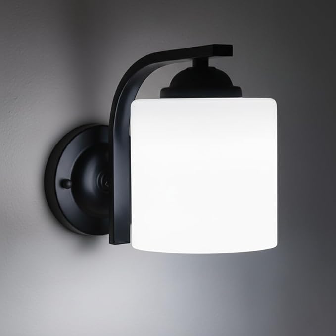CANMEIJIA Wall Sconce 1 Light, Modern Wall Light Fixture, Bathroom Vanity Lights with Matte Black Wall Lamp for Bedroom Kitchen Hallway Porch, Milky White Glass Shades, E26 Socket, Bulbs Not Included