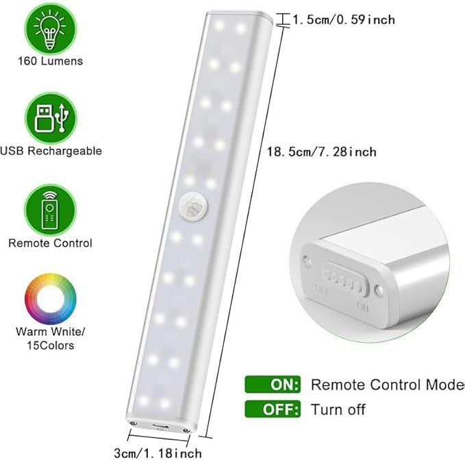 Under Cabinet Lightis Wireless with Remote, 15 Color RGB Magnetic Led Light Bar, 48-LED Rechargeable Closet Lights, 3 Timer & 4 Modes, Stick on Lights for Kitchen, Pantry, Bedroom, Stairs