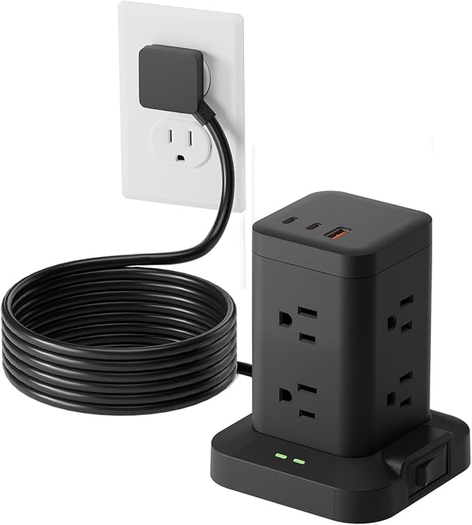 Power Strip Tower with Surge Protector 1800J, Fast Charging Tower PD20W USB-C Ports with 8 AC Outlets, 6ft Extension Cord for Home Office Dorm Room, Black