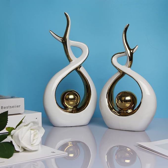Norrclp Home Decor Modern Abstract Art Ceramic Statue Table Decorations for Dining Room Living Room Office Centerpiece (White and Gold, Small)