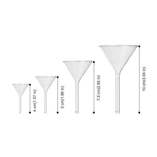 STOBAZA Glass Funnels Set of 4 Short Tube Borosilicate Lab Funnels with Fire Polished Rim and 1.6-3.4 Oz Capacity for Precise Liquid Transfer and Bottle Filling
