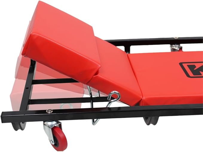 K Tool International 74961 Creeper Seat, Adjustable Headrest with Fully Padded Support, Oil Resistant Rubber Casters, Epoxy Coated Steel Frame for Shop Mobility