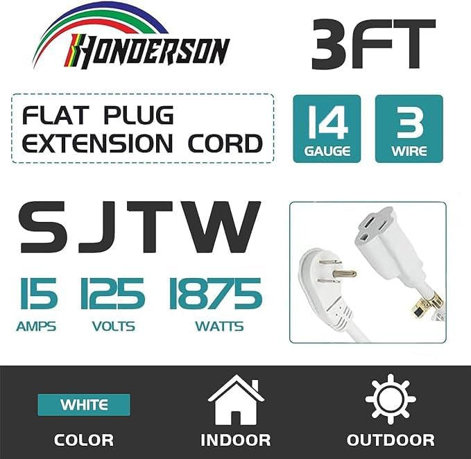 Flat Plug Indoor Extension Cord, UL Certified, 14 Gauge 3FT White 3 Prong Heavy Duty, 14/3 SJTW 15A Power Cord for Lights, Appliances, Home