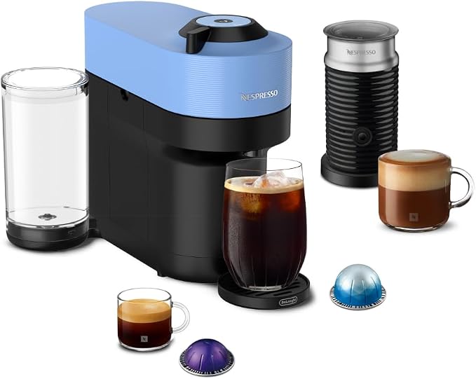 Nespresso Vertuo Pop+ Coffee Machine with Milk Frother, Pacific Blue | Coffee and espresso maker by De'Longhi with compact design. Aeroccino3 frother bundle for hot or cold foam drinks at home.