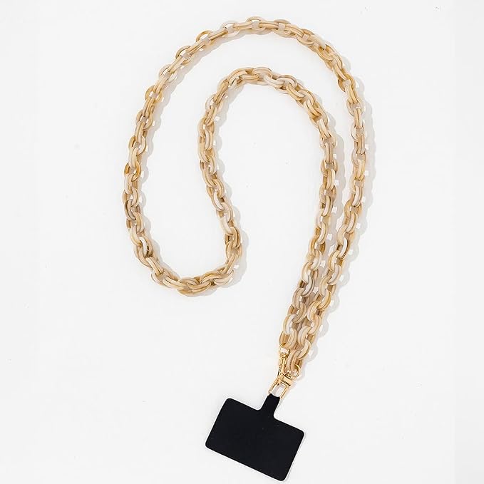 Phone Crossbody Chain CellPhone Lanyard, Acrylic Shouder Strap Universal Lanyard Chain with Tether Patches Compatible with Most Phones Bag Purse (Begie