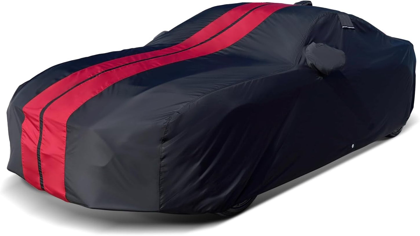 iCarCover Custom Car Cover for 2010-2024 Chevy Camaro LT, LS, RS, SS Waterproof All Weather Rain Snow UV Sun Protector Full Exterior Indoor Outdoor Car Cover (Stripe - Black/Red)
