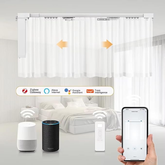 ZigBee Smart Curtain Motor with Retractable Track, Automatic Curtain Opener System 2.5N.m Motorized Drapery Rods Compatible with Alexa/Google Home (2.3-4 meters (90.5-157.4 inches) Adjustable)