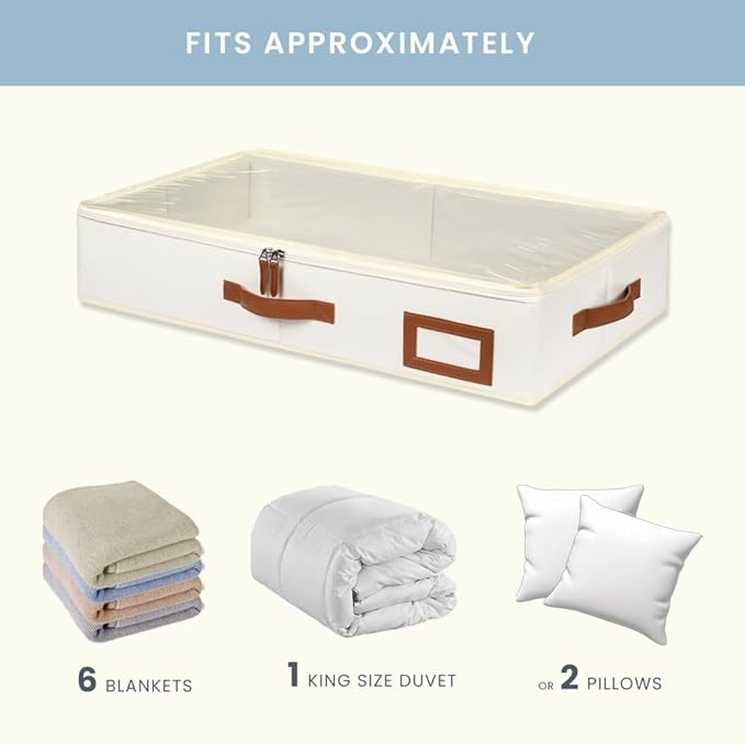 OrganiHaus Under Bed Storage Containers, Bedroom Storage and Organization Bins, Clothes Organizer for Closet with Clear Cover and Reinforced Handles - Set of 2 33x17x6 inches Off-White