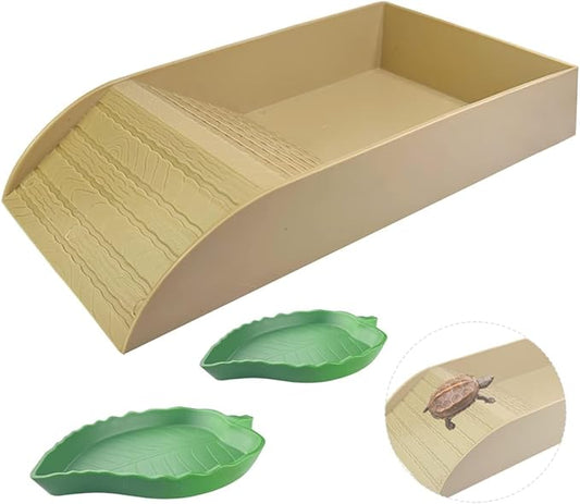 3 PCS Tortoise Food Dish with Ramp and Tortoise Water Bowl,Gray Reptile Water Bowl,Reptile Water Dish Amphibians Habitat,Reptiles Waters Bowl for Turtles,Horned Frogs and Lizards（Brown）