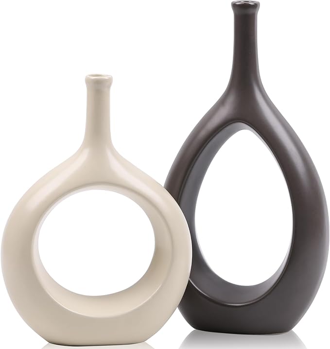 Brown White Vase Ceramic Off White Vases Home Decor,Modern Minimalist Circle with Hole Decorative Vase, Hollow Ellipse Flower vases for Bookshelf, Fireplace Mantle, Centerpieces,Farmhouse,Rustic Décor