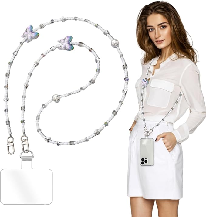 Phone Chain Crossbody Pearl Strap,Pearl Beaded Chain Shoulder Crossbody Lanyard with Phone Tether Patches Compatible with Most Phones Bag Purse(I)