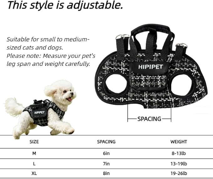 Dog Lift Harness Dog Carrier Adjustable Breathable Vest Straps for Small Medium Pet Treat Bag Fashion Outdoor Hiking (Black XL 19-25lb)