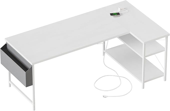 Mericonia 55 inch L Shaped Gaming Desk, Large Corner Desk with Shelves | Reversible Computer Desk with Power Outlets & Storage Bag, Office Table for Home Bedroom Study Work Writing