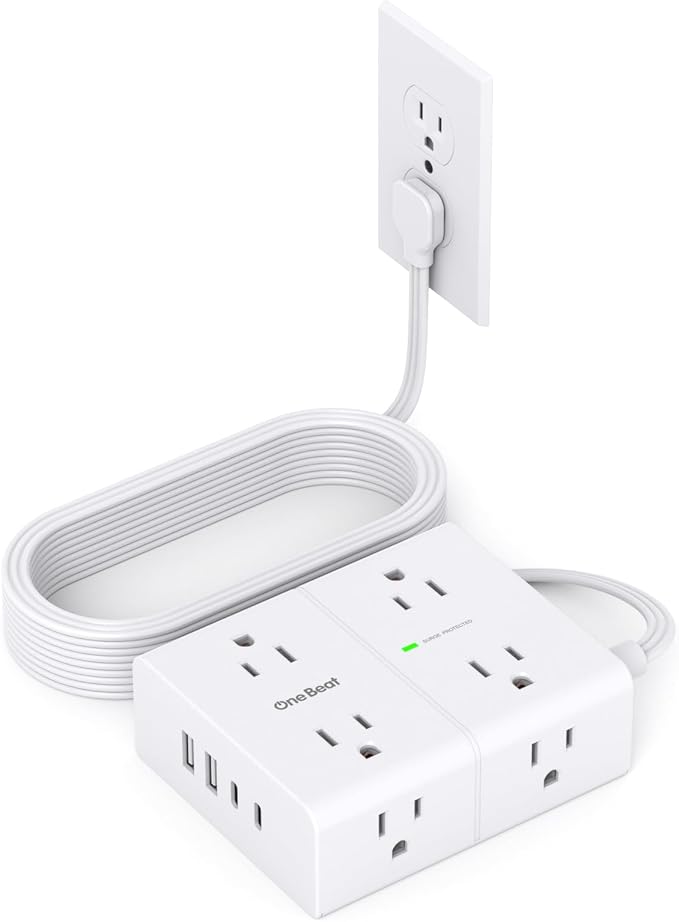 Surge Protector Power Strip, 6 Ft Flat Plug Extension Cord with 8 Outlets 4 USB Ports (2 USB C), 1080J Multi Plug Outlet Extender, Wall Mount Desk USB Charging Station for Home Office Dorm Essentials