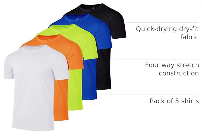 5 Pack Men's Dry Fit Short Sleeve T-Shirt Gym Workout Athletic Running Tee | Cooling, Moisture-Wicking, Crew Neck, Quick-Dry, Breathable, Active, Exercise, Fitness, Basketball, Cycling, Hiking, Tennis