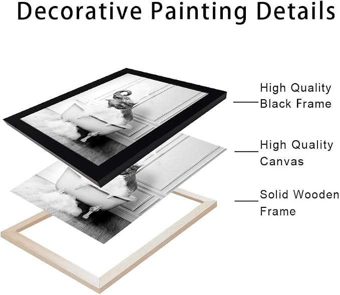 Framed Bathroom Decor Wall Art Elephant in Bathtub Pictures Wall Decor Funny Black and White Animal Canvas Print Artworks for Bathroom
