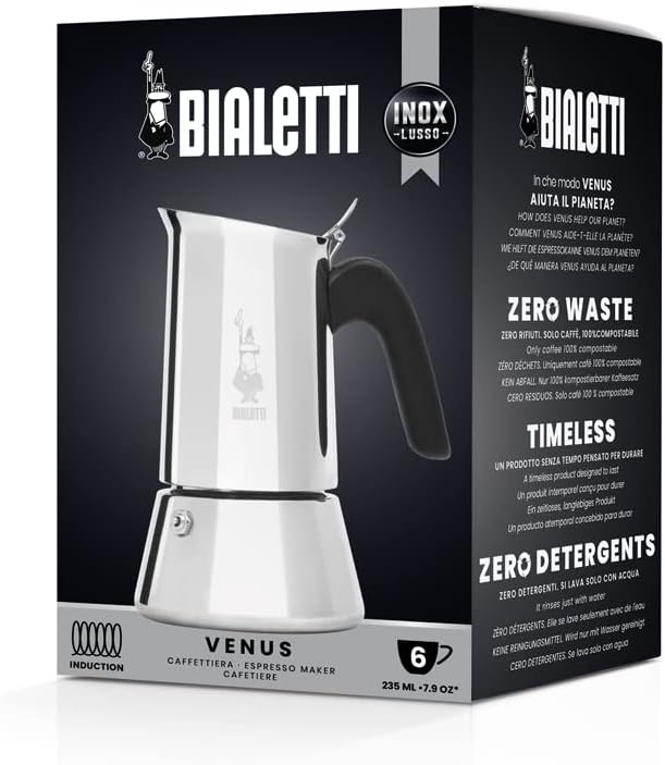 Bialetti - New Venus Induction, Stovetop Coffee Maker, Suitable for all Types of Hobs, Stainless Steel, 6 Cups (7.9 Oz), Silver