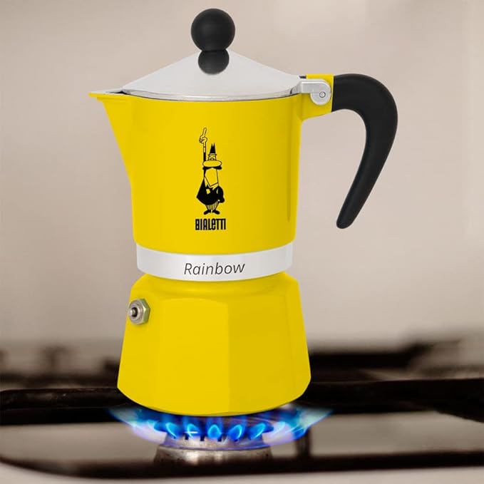 Bialetti Rainbow Moka Pot in Yellow, 3 Cup Stove Top Espresso Maker - Aluminum Cafetera for Ground Coffee, Italian Coffee Maker for Home Brewing