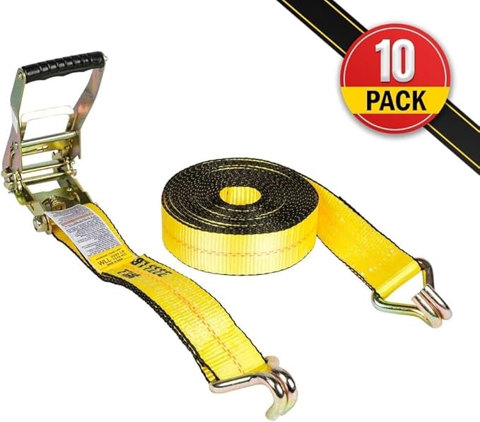 Mytee Products 10 Pack 2 Inch x 50 FT Heavy Duty Ratchet Straps with Double J Hooks | 10,000 lbs. Breaking Strength Yellow Tie Down Straps w/Wire Hooks for Industrial Use, Trailers, Truck & Cargo.