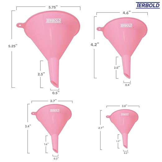 4pc Funnel Nesting Set in BPA Free Plastic for Kitchen Cooking, Car Oil, Home, or Lab Use (Pink)