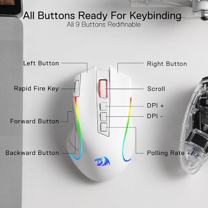 Redragon M612 Wireless RGB Optical Gaming Mouse 8000 DPI Remapping Keys | Cable-Free 0 Delay, Redefine Keybinding Macro, Vibing Backlight, Ergonomic Grip Body Comfort