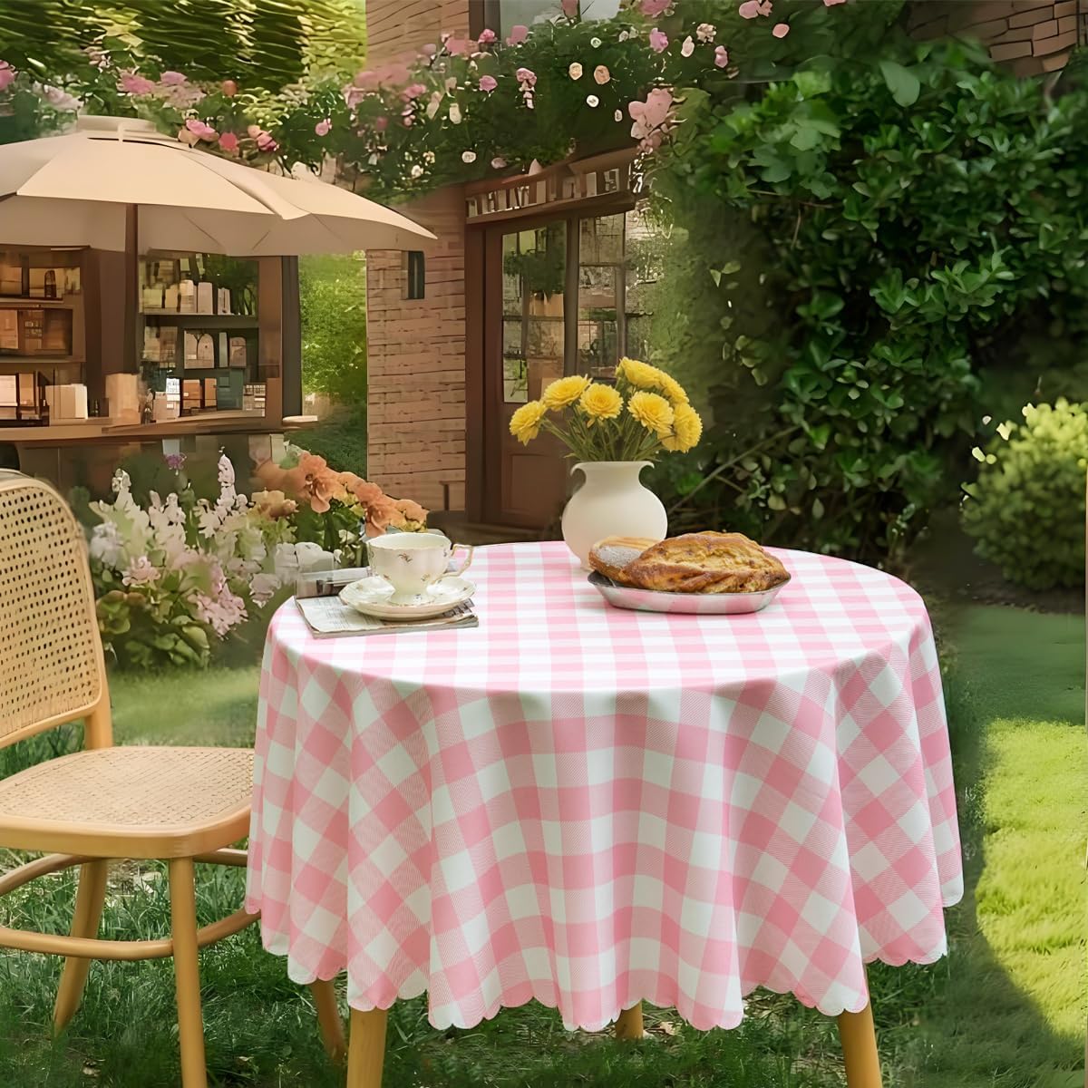 Pink Gingham Round Tablecloth-Checkered Table Cloth Waterproof Kitchen & Table Linens-Polyester Buffalo Plaid Wrinkle Free Table Cover(Baby Pink 60R inch)
