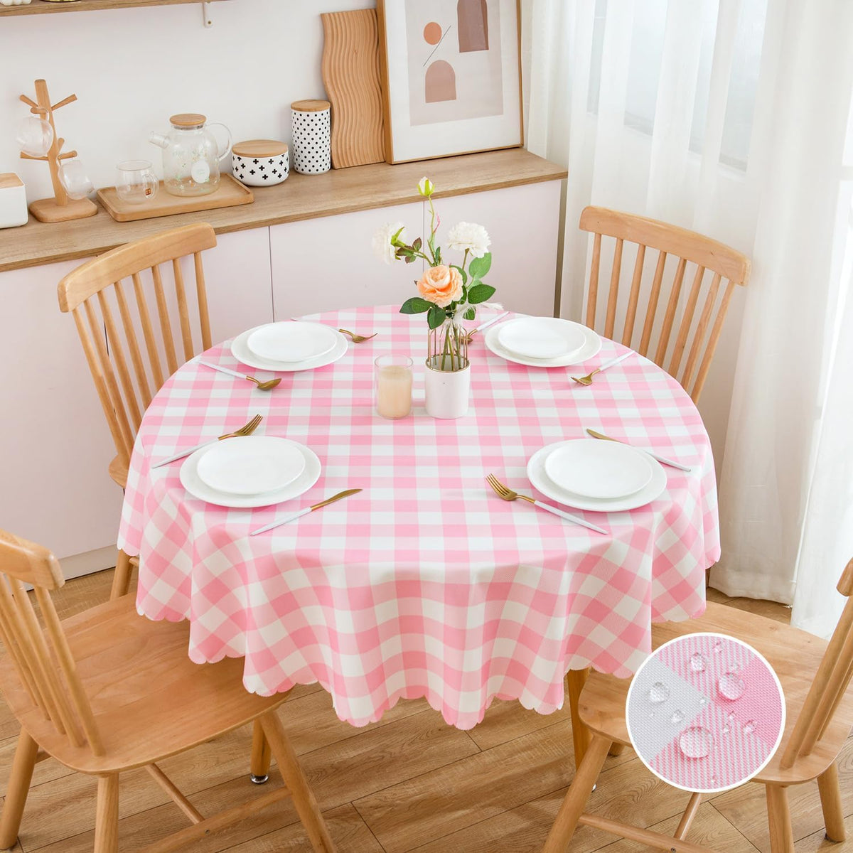 Pink Gingham Round Tablecloth-Checkered Table Cloth Waterproof Kitchen & Table Linens-Polyester Buffalo Plaid Wrinkle Free Table Cover(Baby Pink 60R inch)