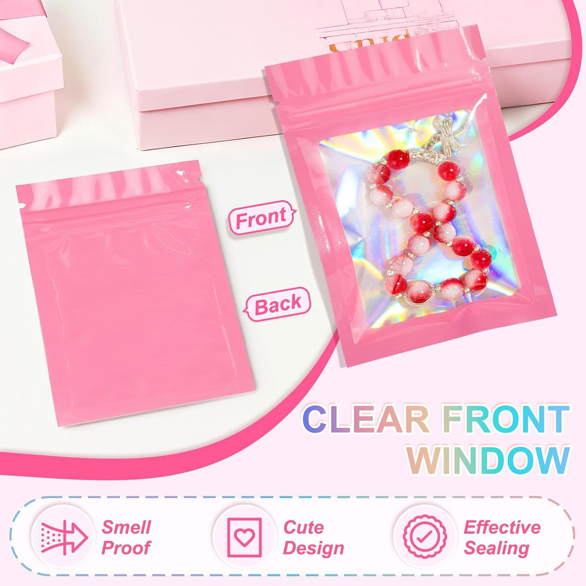 100PCS Holographic Pink Mylar Bags, Resealable Smell Proof 2.4x3.9