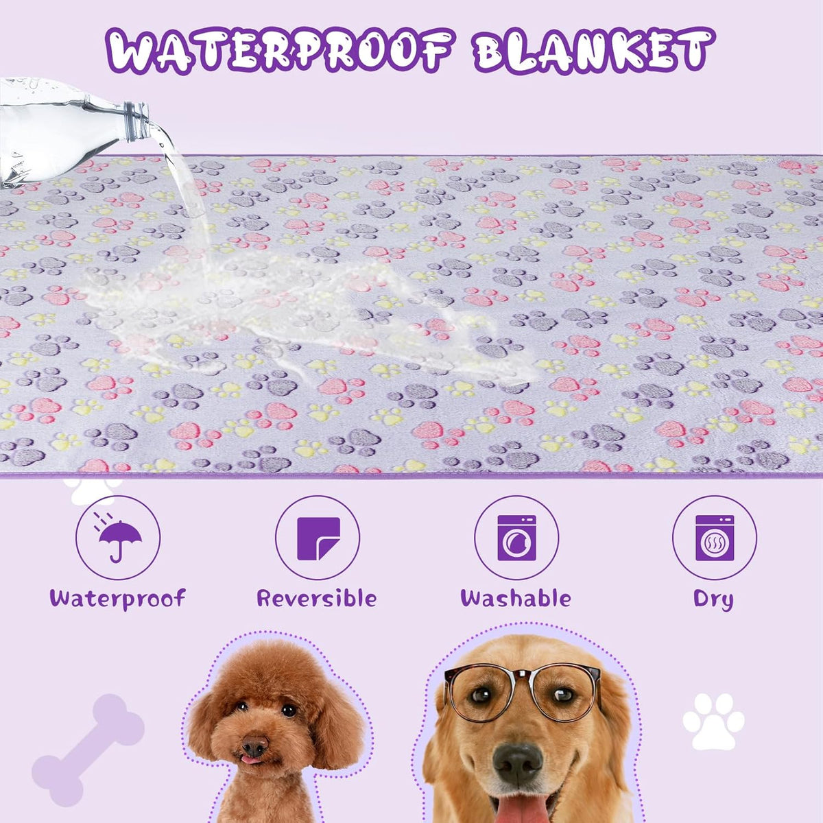 YUEPET Waterproof Dog Blankets, 2 Pack Washable Dog Blankets for Bed Couch Sofa Protector Fleece Flannel Puppy Blanket Soft Plush Reversible Throw Blanket for Small Medium Dog Cat 30"×20"(Purple+Pink)
