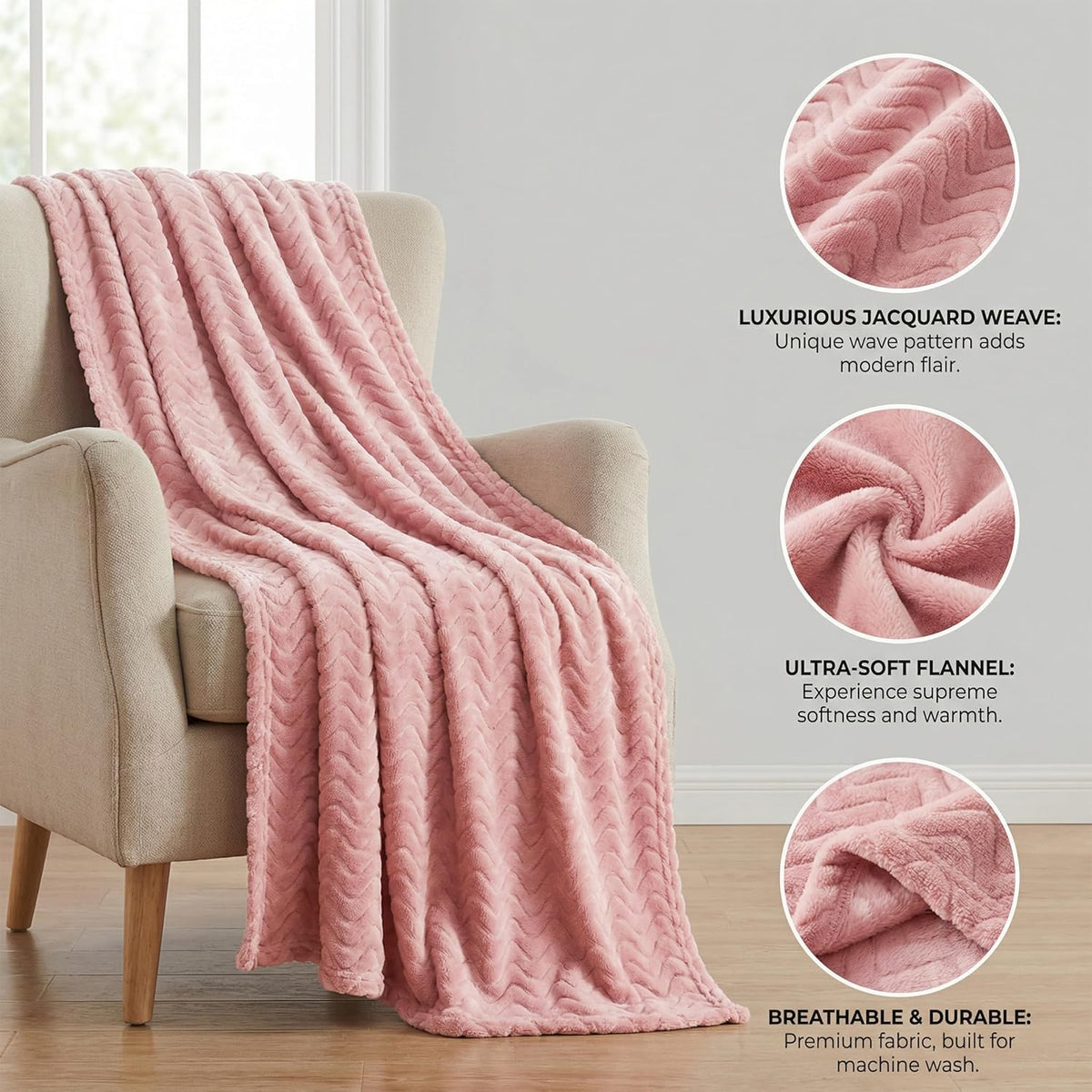 Exclusivo Mezcla Fleece Throw Blanket for Couch, Lightweight Jacquard Bed Blanket for Spring Summer, Soft Cozy Breathable Throws, Pink, 50x70 Inches