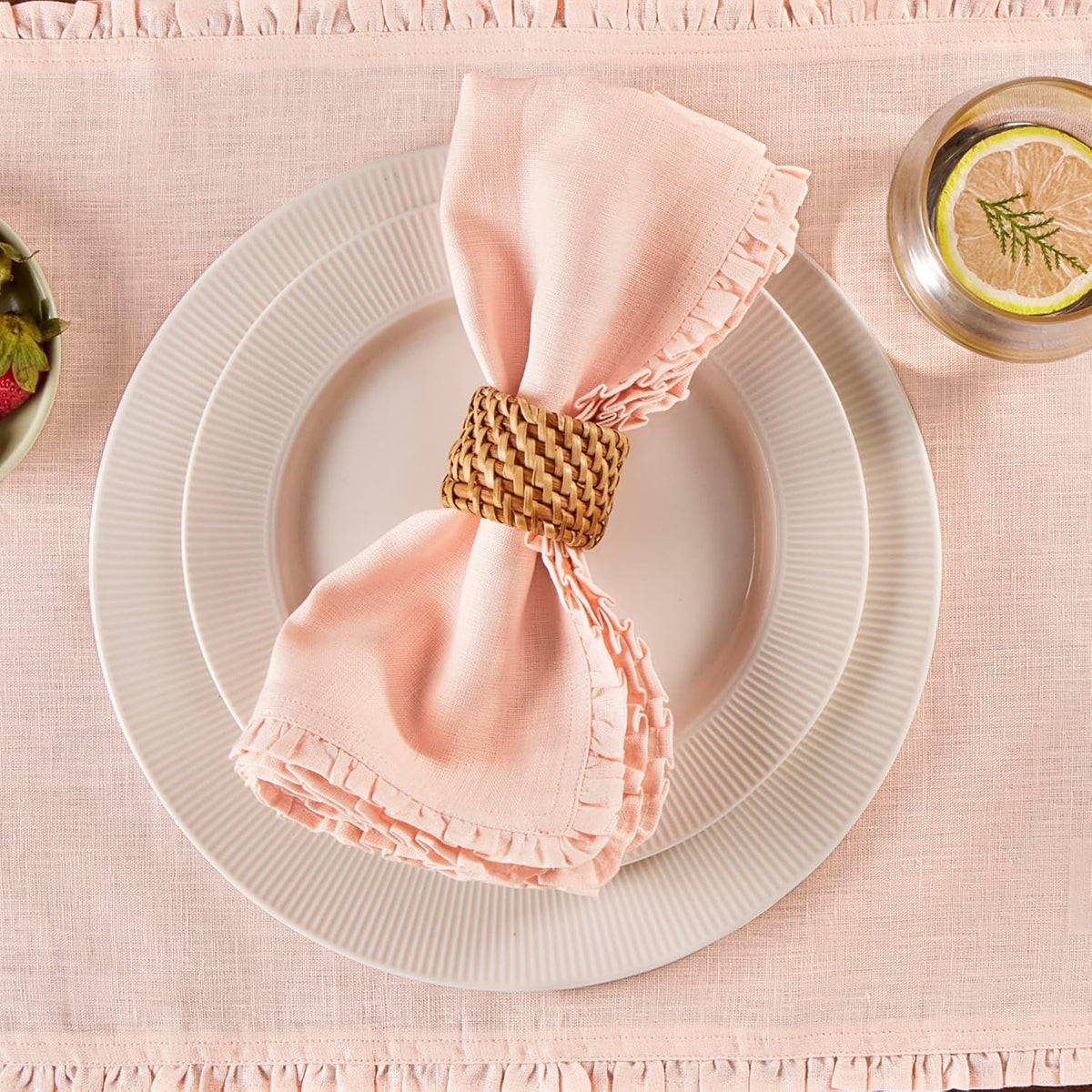 Solino Home Peach Cloud Linen Dinner Napkins 20 x 20 Inch - 100% Pure Linen Juliette Ruffle Cloth Napkins Set of 4 for Spring, Summer - Handcrafted and Machine Washable