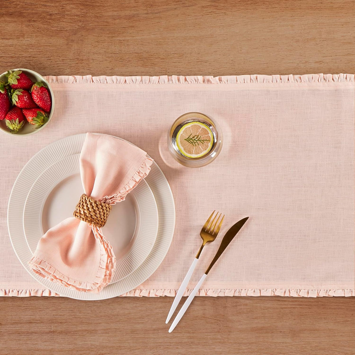 Solino Home Peach Cloud Linen Dinner Napkins 20 x 20 Inch - 100% Pure Linen Juliette Ruffle Cloth Napkins Set of 4 for Spring, Summer - Handcrafted and Machine Washable