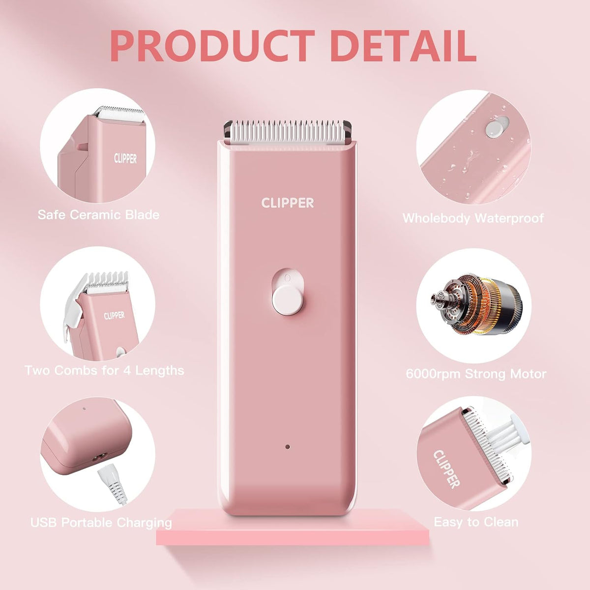 Pink Dog Cat Clippers, Home Professional Cordless Cat Grooming Tools for Dog Thick Coat Clippers, Low Noise Pet Hair Trimmer Kits with 9-Pieces