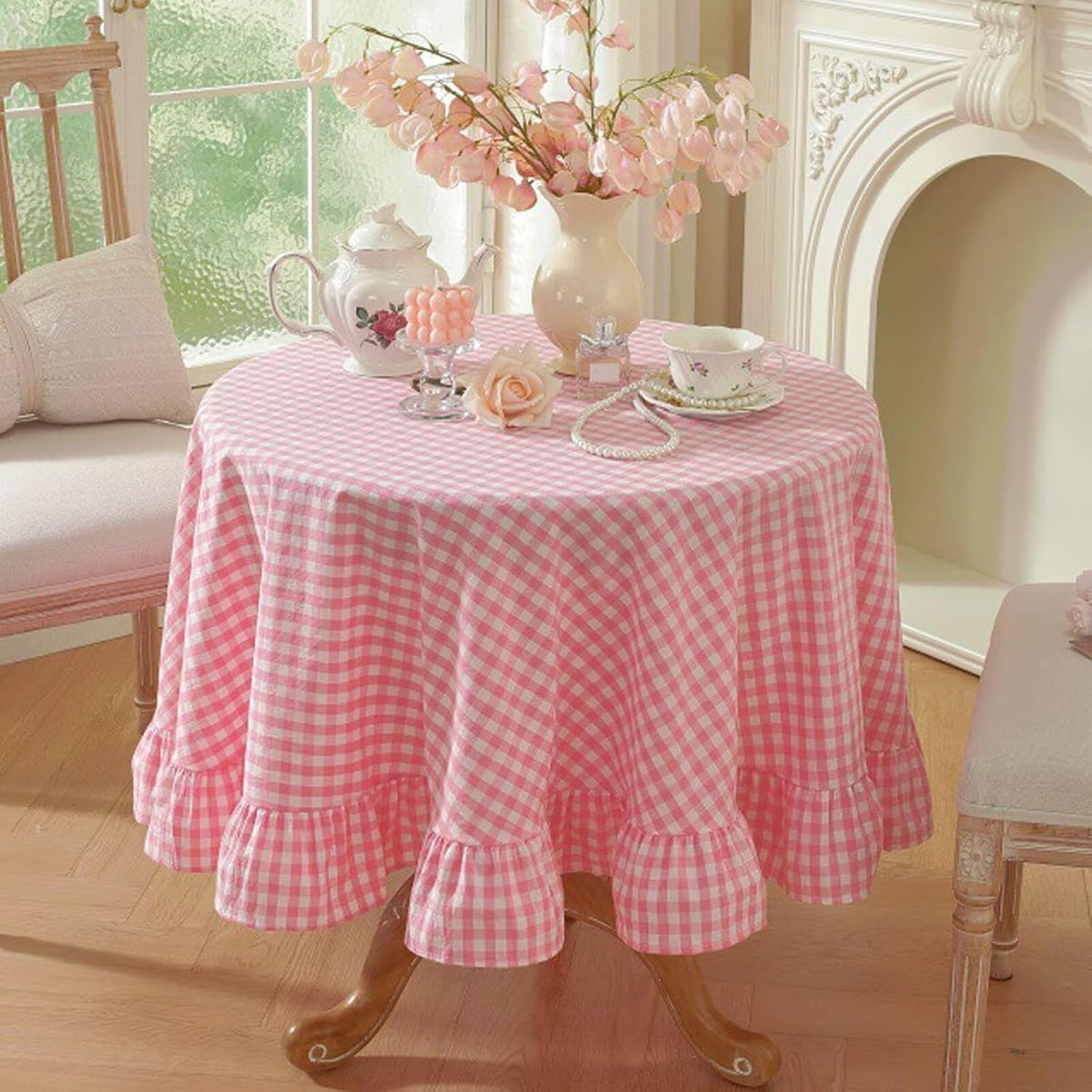 Ruffled Gingham Tablecloth Round Check Striped Washed Cotton Table Cloth