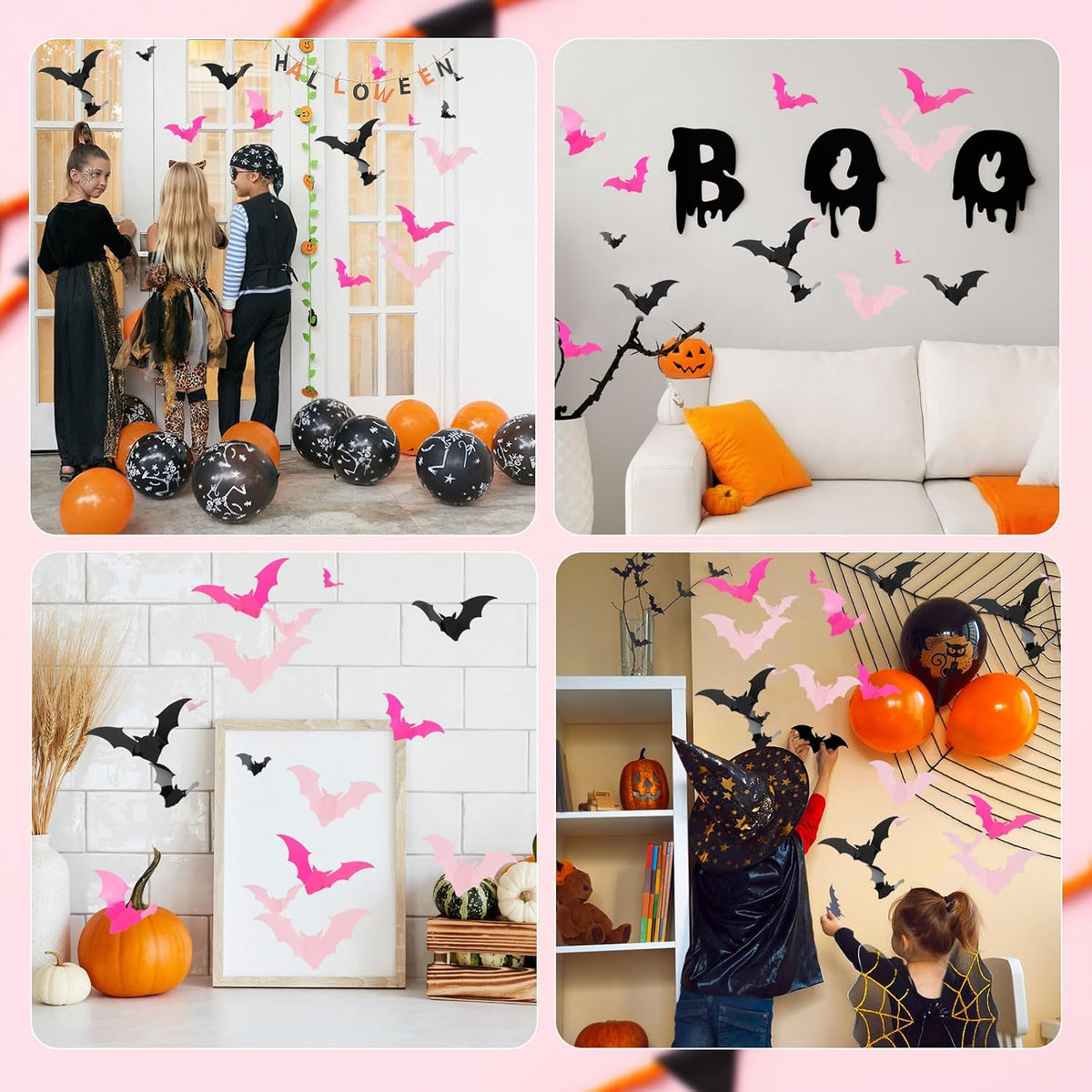 144pcs Pastel Halloween Bats Wall Decorations,PVC Waterproof Pink Black 3D Bat Stickers for Home Indoor Room Outdoor Summer Halloween Party Scene Decals Decoration