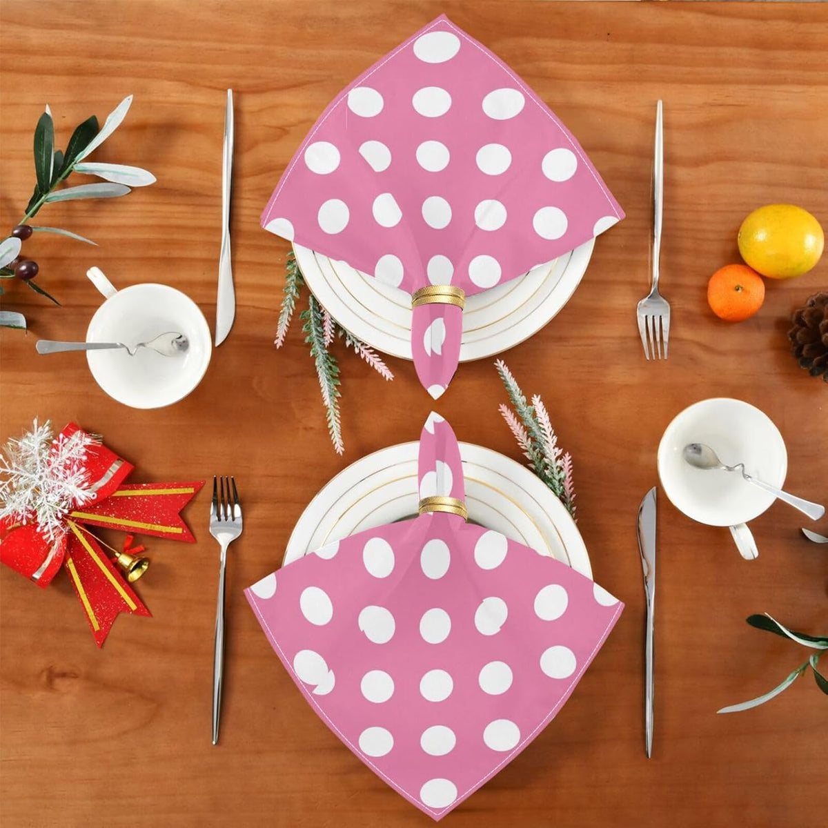 Pink Polka Dots Cloth Napkins Set of 4, 20x20 Inch Reusable Polyester Dinner Napkins, Soft Washable Table Napkins for Wedding Party Holiday Kitchen Decor