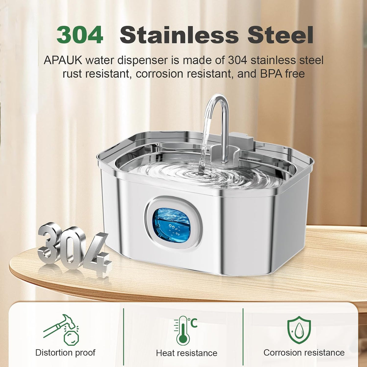 Cat Water Fountain, Apauk 108oz/3.2L Silent cat Water Fountain Stainless Steel, Cat Fountain, Automatic Dog Water Fountain,Controllable Blue Light - (2 Filters& 2 Sponges)