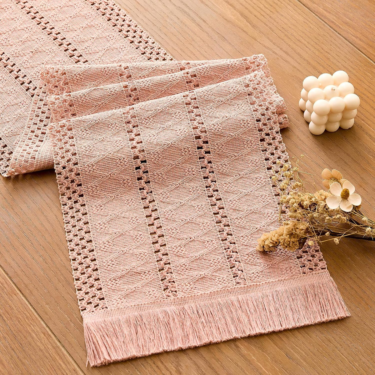 Pink Macrame Boho Table Runner with Tassels Woven Rustic Farmhouse Table Runner for Kitchen Dining 71 Inches