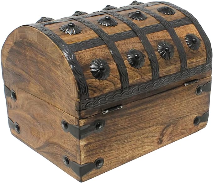 Treasure Chest Keepsake and Decorative Wood Box (Large 8x6x6) - Storage Box, Wooden Box with Hinged Lid, Rustic Storage, Pirate Storage Box, Vintage Wooden Chest