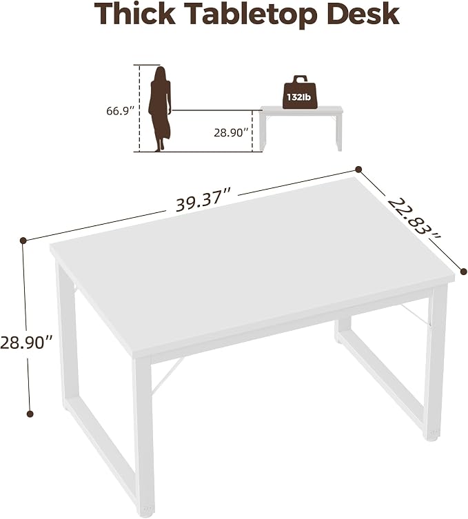 Mericonia 40 Inch Computer Desk, 1" Thick Small Office Table, White | Modern Simple Style, Heavy Duty Industrial Frame, Small Study & Writing Table for Home Bedroom Work